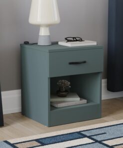 Vida Designs Mesita de noche Jasper verde con 1 cajón con tiradores y guías de metal, soporte único para cajón antitorceduras, muebles de dormitorio Riano