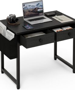 Grandder Escritorio pequeño para computadora con 2 cajones de tela, 80 x 40 cm, escritorio para juegos con bolsas de almacenamiento y cajones, mesa de estudio para espacios pequeños, color negro