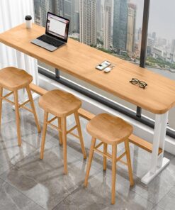 Barra terraza Mesas Altas De Bar Mesa de cocina industrial con borde rectangular Mesa de bar cuadrada Mesa auxiliar para exteriores Con base metálica Mesa estrecha de barra de cocina Sin taburete(Wood