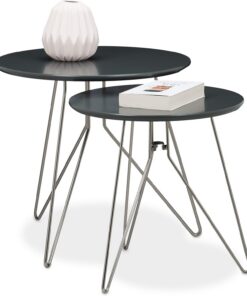 Relaxdays Mesa Auxiliar Redonda, Set 2 Unidades, Mesitas Centro Modernas, DM-Metal, 48 y 40 cm Ø, Gris Mate