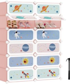 SONGMICS Estantería Modular Infantil de 12 Cubos, Zapatero para niños, Estantería plástico, Armario Modular con Puertas, para Ropa, Zapatos, Juguetes, 31 x 81 x 106 cm, Rosa Jalea LPC907R01