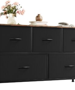 Somdot Comoda Dormitorio, Cajonera con Cajones de Tela, Armario para Salón, Estudio y Habitación Infantil, Gavetero, 30 Profundidad x 100 Ancho x 55 Alto (5 Cajones), Marrón Negro rústico