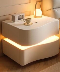 Mesita De Noche Flotante Estilo Ola con Luz, Moderna Sencilla Diseño De Perfil Curvo Mesita De Noche Color Crema con Dos Cajones,para Dormitorio Salón(C,50 * 40 * 42cm/15.7 * 19.7 * 16.5in)