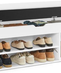 VASAGLE Custos Colección - Banco Zapatero con Cojín, Banco de Almacenamiento, 3 Compartimentos, Estantes, Sala de Estar, Pasillo, Dormitorio, Carga de 150 kg, Blanco Nube LHS130W14