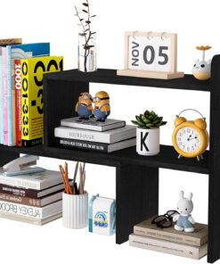 EasyPAG Madera Mini Estantería Escritorio Ajustable Estante Sobremesa Librería Pequeña Independiente Hogar y Oficina Organizador de Escritorio,Negro