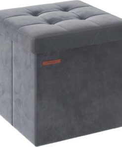 SONGMICS Puff Almacenaje, Banco de Almacenamiento de Terciopelo Plegable, Taburete Reposapiés, 38 x 38 cm, Carga de 300 kg, para Entrada, Sala de Estar, Dormitorio, Gris Pizarra LSF227G01