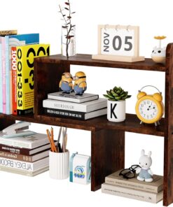 EasyPAG Madera Mini Estantería Escritorio Ajustable Estante Sobremesa Librería Pequeña Independiente Hogar y Oficina Organizador de Escritorio,Marrón