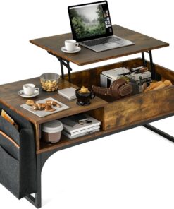 MEUBLE Cosy Mesa de Centro Elevable Mesitas Salón para el café Sofá con Espacio y Bolsillo de Almacenamiento, Estructura de Metal, Estilo Industrial, Marrón, 100x50x45cm
