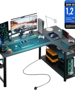 COMHOMA Escritorio de Juegos en Forma de L, Escritorio de Esquina con estantes de Almacenamiento, Mesa de Ordenador con Puerto de Carga USB y Toma de Corriente, 120W * 80D * 74H, para Juegos, Trabajo