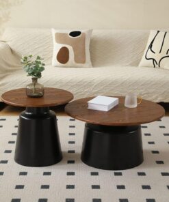 Juego de 2 Mesas de Café Redondas,Mesa de Centro de Sofá de Salón,con Escritorio Grande e Base de Acero Al Carbono,para Salón Comedor Sala de Estar(Black+Walnut)
