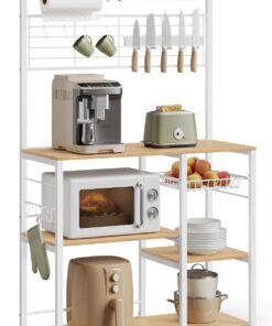 VASAGLE Estantería de Cocina, Soporte para Panadería, Isla de Cocina con Tira Magnética de Cuchillo, Cesta de Alambre, Soporte de Papel de Cocina, 12 Ganchos, Roble Dorado y Blanco KKS026Y09