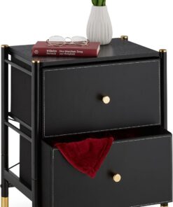 Relaxdays Cómoda con 2 Cajones, 55,5 x 46 x 33 cm, Aparadora de Acero y MDF, Mueble Pasillo o Dormitorio, Negro y Dorado