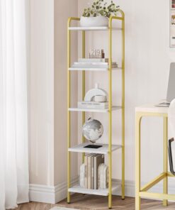Hzuaneri Estantería para libros, estante estrecho para libros, organizador de almacenamiento industrial, estantería delgada para oficina en casa, sala de estar, dormitorio, cocina, 5 niveles de oro