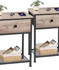AMHANCIBLE Juego de 2 Mesitas de Noche, Mesilla de Noche Pequeñas con Cajón de Tela, Mesita Auxiliar Industrial Delgada con Estante, para Dormitorio, Salón o Espacios Pequeños, Gris EHET03SDGY