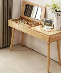 Tocador de Maquillaje de Madera de Caucho con Espejo abatible, Escritorio tocador con Almacenamiento Dividido y cajones, Escritorio para Dormitorio, Solo Mesa(Natural Wood,100cm/39.4in)