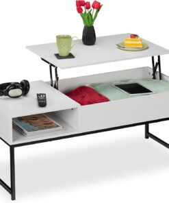 Relaxdays Mesa de Centro Abatible, Mesita Baja, 45x110x50 cm, Compartimento Lateral y de Almacenamiento, Metal, Blanco