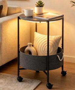 ARTETHYS Mesa auxiliar, mesas auxiliares pequeñas para sala de estar, mesa auxiliar con luces LED, ruedas, cesta de almacenamiento, mesas de sofá de noche para dormitorio, color gris