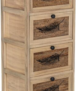 CAJONERA MADERA C/4 CAJONES MIMBRE DECO. HOJA, MADERA PAULOW_40X30X94CM CAJONES:36X28X19CM