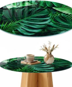 Tapa para Mesa de Centro 70 cm | Redondo | Multiusos | Bordes Pulidos | hojas verdes | Pies Antideslizantes | para la Cocina y Salón | Vetro Temperato | con Impresión Decorativa