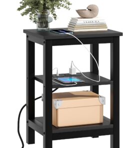 VECELO Mesitas de Noche Modernas con estación de Carga, Mesa Auxiliar de Noche con Estante de Almacenamiento para Espacios pequeños, Dormitorio, Sala de Estar