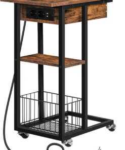 HOOBRO Mesa Auxiliar con Estación de Carga, Mesa de Centro Abatible en Forma de C con Ruedas y Estante de Almacenamiento, Puertos USB Tomas Corriente, para Salón, Marrón Rústico EBF022SF01G1