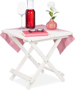 Relaxdays Mesa Plegable Madera, Mesita Auxiliar, Salón, Balcón o Terraza, Portátil, Estable, 50 x 50 x 50 cm, Blanca