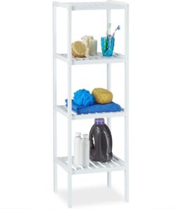 Relaxdays Estantería de bambú para baño, 4 estantes, madera, de pie, bambú, para cocina, 110 x 34,5 x 33 cm, blanco