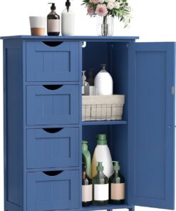 VASAGLE Armario de Baño, Mueble de Baño Estrecho, Cómoda de Baño, Cajonera con 4 Cajones, Armario con Puerta, Estante Ajustable, 30 x 55 x 82 cm, Azul Bahía LHC041QE02