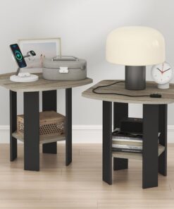 Furinno TIDUR - Mesita de Noche, Juego de 2 mesitas de Noche con Estante de Almacenamiento, Mesa de Noche de Esquina Redonda, Mesa Auxiliar, Mesa Auxiliar, para Dormitorio, Sala de Estar, Roble | Mesita de noche cuadrada de esquina redonda con almacenamiento, mesa auxiliar, mesa auxiliar, para dormitorio, sala de estar