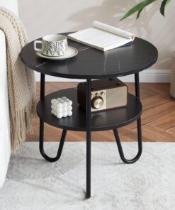 Mingone Mesa de salón Redonda para salón, Mesa de café con 2 estantes para Dormitorio, 50 x 50 cm, Mesa de sofá de Madera con Soporte de Metal, Color Negro