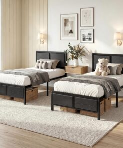 VECELO Juego de 2 Marcos de Cama de 90 x 200 cm para Cama Individual con cabecero de Madera Gruesa y somier de láminas de Metal, 31 cm de Espacio Debajo de la Cama, Marco de Cama Resistente para