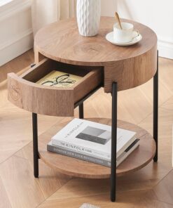 Garvee Mesa Auxiliar Redonda con cajón y Estante - Estilo contemporáneo - Madera y Patas metálicas salón y Dormitorio - Color Annual Ring diseño | estilo contemporáneo perfecta para salón y dormitorio - color Annual ring diseño