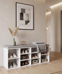 FurnitureR Zapatero con Asiento, Banco con Espacio de Almacenamiento, Acolchado, 3 Compartimentos Abiertos, Compartimento Debajo del cojín, Zapatero para salón, Pasillo, Armario Europeo para