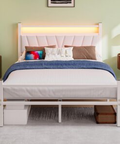 Marco de cama tapizado, 120 x 200 cm, con base de carga, color blanco | Cama de metal con iluminación LED, resistente cama de metal con cabecero, cama moderna para invitados, cama juvenil