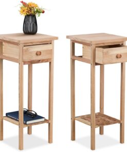 Relaxdays Mesas Auxiliares Estrechas, Set de 2, Mesitas Teléfono Madera, 60x25x25 cm, con Cajón, Pasillo, Salón, Natural