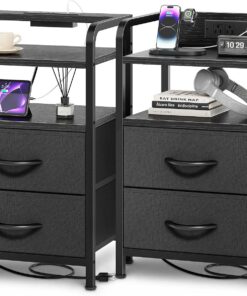 Huuger Juego de 2 mesitas de noche, estación de carga y puertos USB-C, mesa auxiliar de cama de 2 cajones, estante abierto, instalación de panel de alimentación de 2 vías, mesa auxiliar para