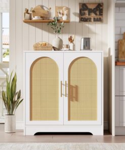 Armario de almacenamiento de buffet con puerta decorativa de ratán, aparador de cocina de madera, mesa de buffet para sala de estar, comedor, dormitorio, cocina y pasillo, 30 x 15.6 x 31.5