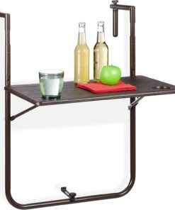 Relaxdays Mesa Plegable Balcón, 3 Alturas, Mesita Colgante Efecto Madera 59,5x36 cm, Mueble Exterior Barandilla, Marrón