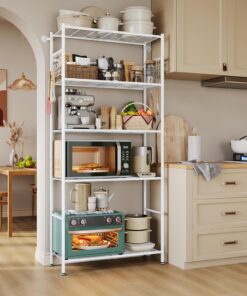 NETEL estanterias almacenaje Cocina de 5 baldas，estanteria Metalica,Altura de los estantes Regulable,Storage Shelves con 4 Ganchos,84 × 32 × 182 cm (L × An × Al)，Blanco