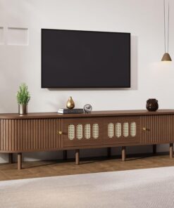 Merax Soporte de TV para televisores de hasta 80 pulgadas, mueble de TV de nogal con 2 cajones y 2 puertas de tambor, mesa de consola ovalada, armario de centro de entretenimiento con frente de efecto | Mueble de TV de madera con textura, mueble de entretenimiento para sala de estar, mueble de almacenamiento