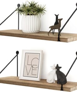 Afuly Estantería Pared, Baldas de Madera Carbonizada con Soporte Triangular | 42cm Repisas de Pared Juego de 2, Balda, Almacenaje, Decoración, Balda Flotante para Fotos, Plantas, para Salón, Dormitorio