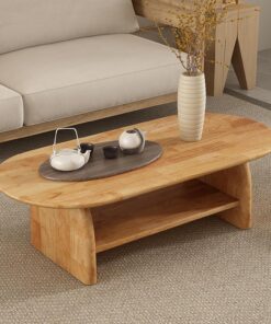 SEIFE Mesa de Centro Redonda de Madera Blanca con Almacenamiento, Mesa de Centro Ovalada de Tatami Japonesa para Sala de Estar, Oficina(Wood Double Layer,100cm/39in)