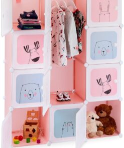relaxdays Estantería Infantil, 9 niveles, para niñas, Plástico, Modular, con Puertas, 145x110x37,5 cm, Rosa