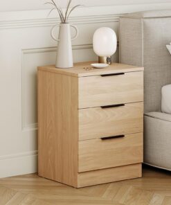 Vida Designs Trega - Mesita de Noche compacta de Pino con 3 cajones, Ahorra Espacio, 50 x 39 x 28 cm, Madera de ingeniería, cajones deslizantes, Asas Plateadas Modernas, Ideal para Dormitorio y