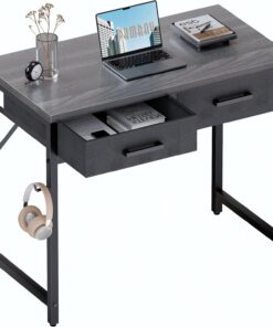 PAMRAY 80x40cm Escritorio pequeño con 2 cajones, Ideal para Dormitorio, Estudio, Escritura, hogar y Oficina, Espacios pequeños, Gris