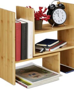 Relaxdays Estante Sobremesa Bambú, Organizador Ajustable, Escritorio, Cocina, Baño, de Superficies, 40 cm Alto, Natural