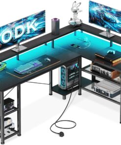 ODK Escritorio para juegos en forma de L con toma de corriente y luces LED, mesa de juegos de PC con puertos USB, escritorio reversible en forma de L con estantes de almacenamiento y soporte para