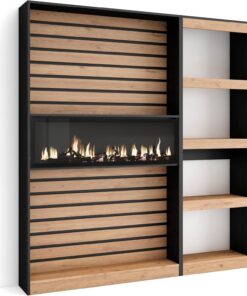 Skraut Home | Librería estantería | Estanteria Libros de Pared | 170x186x25cm | Salón - Comedor - Oficina | Chimenea eléctrica LED | Estilo Moderno | Roble y Negro