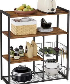 VASAGLE Estantería de Cocina con 2 Cestas de Malla Metálica, con Estantes y Ganchos, Estantería para Microondas, 35 x 80 x 93,5 cm, Marrón Rústico y Negro KKS96X
