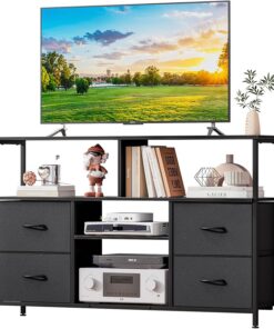 Mueble de TV con 4 cajones, 120 cm, aparador multiusos con estantes abiertos, mueble impermeable con asas, negro (negro)